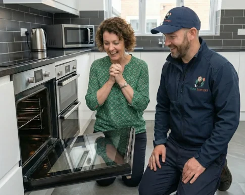 Oven Support technician performing eco-friendly oven cleaning in Leicester home