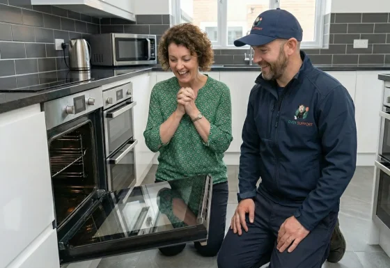 Oven Support technician performing eco-friendly oven cleaning in Leicester home